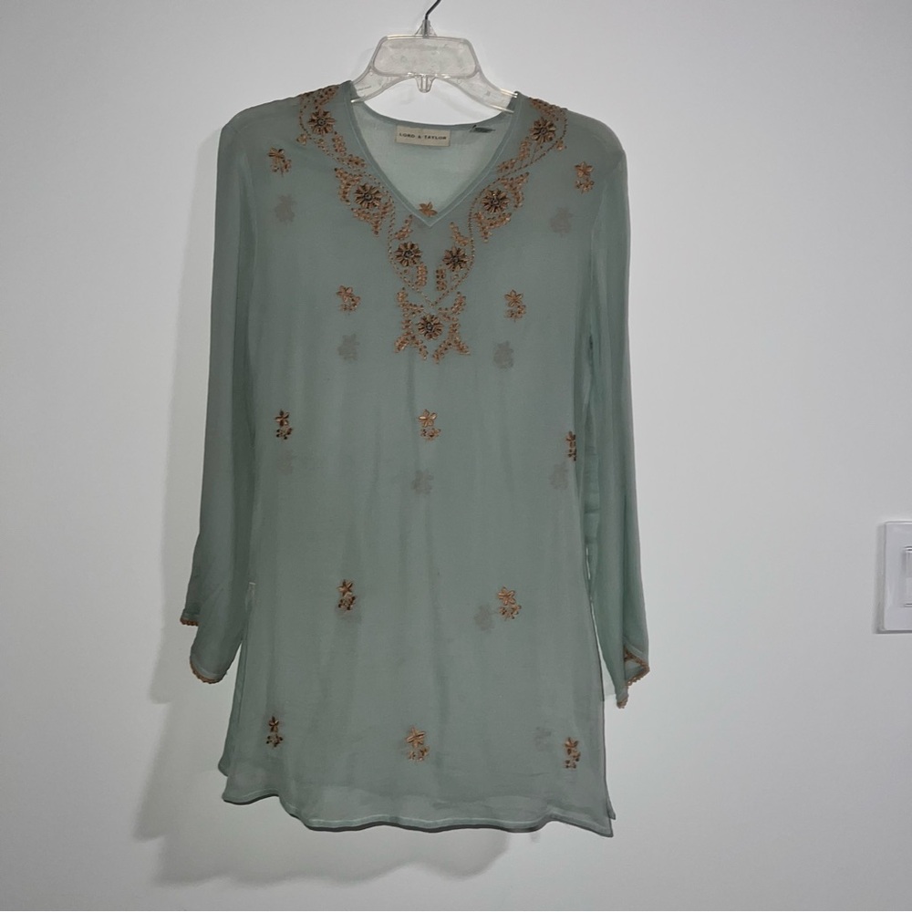 Lord & Taylor Silk Tunic Top with Brown Embroidery